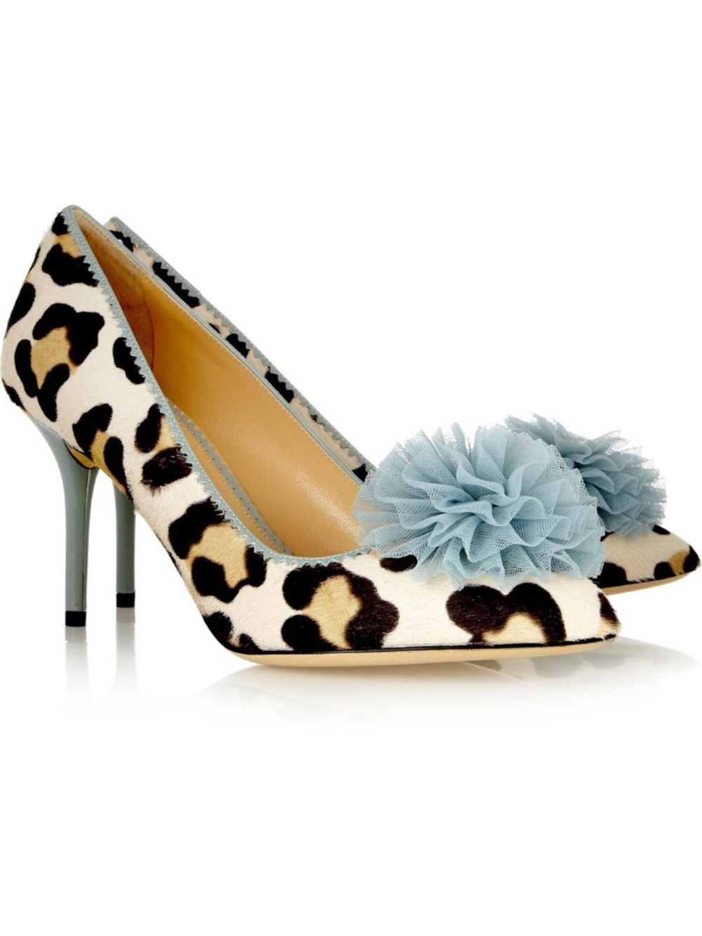 Charlotte Olympia Leopard-Print Heels with Pale Blue Tulle Poms